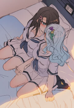 2girls alarm_clock bang_dream! black_socks blue_eyes blue_hair blue_shirt blush brown_hair clock hanasakigawa_school_uniform highres holding_hands interlocked_fingers kiss long_hair matsubara_kanon multiple_girls okusawa_misaki opi pillow pleated_skirt sailor_collar school_uniform shirt short_sleeves skirt socks white_sailor_collar white_skirt yuri