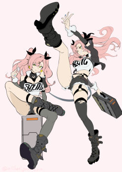 1girl bare_shoulders black_boots black_ribbon black_shorts boots breasts cleavage closed_mouth clothing_cutout coin collarbone commentary_request crossed_legs cutoffs earrings full_body green_eyes hair_ornament hairclip heart heart_earrings highres holding holding_coin holding_suitcase jewelry large_breasts leg_up looking_to_the_side micro_shorts midriff mole mole_on_breast mole_on_thigh mole_under_eye multiple_views navel nicole_demara niihatigounana pink_background pink_hair ribbon shorts shoulder_cutout simple_background single_thighhigh sitting sitting_on_suitcase strapless suitcase thighhighs torn_clothes torn_thighhighs tube_top twitter_username two_side_up white_tube_top zenless_zone_zero