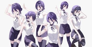 1girl absurdres bare_arms bare_shoulders black_choker black_ribbon black_shorts black_thighhighs breasts brown_shoes chainsaw_man choker closed_eyes closed_mouth commentary dancing english_commentary finger_to_mouth green_eyes grenade_pin hair_between_eyes hair_bun hand_on_own_chin hand_on_own_head highres loafers medium_breasts medium_hair multiple_views neck_ribbon one_eye_closed open_mouth purple_hair reze_(chainsaw_man) ribbon shirt shoes shorts skindentation sleeveless sleeveless_shirt smile solo thighhighs tokkieee_qian tongue tongue_out updo white_background white_shirt