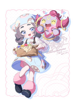 Rule 34 | 1girl, ansha (pokemon), apron, basket, black hair, blue apron, blue eyes, blue headscarf, blush, closed eyes, colored sclera, donut, donut print, eating, food, food print, gen 6 pokemon, headscarf, heart, highres, holding, holding basket, holding donut, holding food, hoopa, hoopa (confined), horns, leg warmers, legendary pokemon, long hair, long sleeves, mythical pokemon, nintendo, open mouth, pink leg warmers, pokemon, pokemon (creature), pokemon legends: z-a, print apron, serizawa serizane, shirt, smile, white shirt, yellow sclera