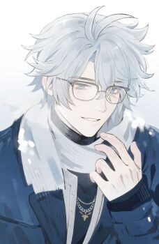 1boy absurdres antenna_hair black_sweater blue_eyes blue_jacket chain chain_necklace crossed_bangs fingernails glasses gold_necklace grey-framed_eyewear grey_hair hair_between_eyes hand_up highres honkai:_star_rail honkai_(series) jacket jewelry lapels looking_at_viewer male_focus mobtop99 necklace official_alternate_costume open_clothes open_jacket open_shirt phainon_(honkai:_star_rail) phainon_(luckin_coffee)_(honkai:_star_rail) scarf shirt short_hair simple_background smile snowing solo sweater teeth turtleneck turtleneck_sweater upper_body white_background white_scarf white_shirt