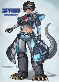 1989 1girl absurdres artist_name biker_gloves black_hair claws commentary cosplay dinosaur_girl fingerless_gloves flower flower_on_chest g-string genderswap genderswap_(mtf) gloves godzilla godzilla_(cosplay) godzilla_(series) godzilla_vs._biollante grey_hair hat highres humanization jacket kaiju long_tail mahari_lab midriff mole mole_under_eye monster monster_girl multicolored_eyes multicolored_hair navel open_mouth orange_eyes pants personification pointy_ears rose shadow short_hair simple_background spikes spines tail teeth thong toho translation_request two-tone_eyes two-tone_hair variant_set whale_tail_(clothing) white_background