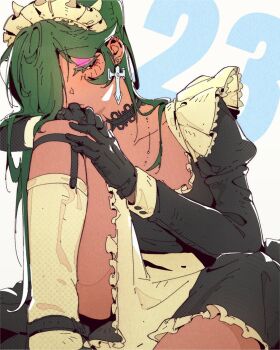 1girl alternate_costume bubene dark-skinned_female dark_skin dress earrings eyeshadow frilled_dress frills fukua_(skullgirls) gloves green_hair half-closed_eyes interlocked_fingers jewelry juliet_sleeves knees_up long_hair long_sleeves maid maid_headdress makeup mary_janes puffy_sleeves shoes sitting skullgirls socks solo