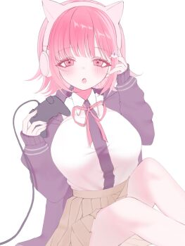 1girl :o animal_ear_headphones animal_ears black_shirt blush breasts brown_skirt cat_ear_headphones cat_ears controller danganronpa_(series) danganronpa_2:_goodbye_despair fake_animal_ears game_controller hair_ornament hands_up headphones highres holding holding_controller holding_game_controller large_breasts medium_hair mikomi00 miniskirt nanami_chiaki pink_eyes pink_hair pleated_skirt shirt skirt solo two-tone_shirt white_background white_shirt