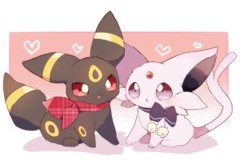 Rule 34 | :3, :o, blush, commentary request, espeon, gen 2 pokemon, heart, highres, nintendo, no humans, open mouth, plaid clothes, plaid scarf, pokemon, pokemon (creature), purple eyes, red background, red eyes, red scarf, scarf, smile, umbreon, unmoving pattern, yupo 0322