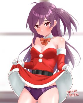 1girl alternate_costume ame-san belt black_belt blush bow bow_panties bowtie breasts cleavage closed_mouth clothes_lift commentary_request cowboy_shot dated detached_collar detached_sleeves double-parted_bangs dress dress_lift gloves gluteal_fold hagikaze_(kancolle) highres kantai_collection large_breasts lifting_own_clothes long_hair long_sleeves looking_at_viewer one_side_up panties pom_pom_(clothes) purple_hair purple_panties red_bow red_bowtie red_dress red_eyes red_sleeves sidelocks smile solo standing strapless strapless_dress twitter_username underwear white_gloves wing_collar