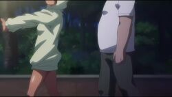 1boy 1girl animal_hood animated brown_hair faceless faceless_male fat fat_man from_side green_hoodie highres hood hood_up hoodie katou_mio_(seika_jogakuin_kounin_sao_ojisan) naked_hoodie night outdoors park seika_jogakuin_kounin_sao_ojisan sound standing stretching tagme video
