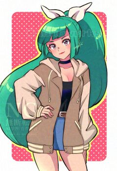 1girl alternate_costume black_choker black_shirt blue_skirt blush bow breasts brown_coat choker cleavage closed_mouth coat green_hair grey_eyes hair_bow hand_on_own_hip highres lebanne_(pokemon) long_hair long_sleeves looking_at_viewer medium_breasts nintendo nonoworks open_clothes open_coat pokemon pokemon_legends:_z-a ponytail red_lips shirt skirt smile solo very_long_hair white_bow