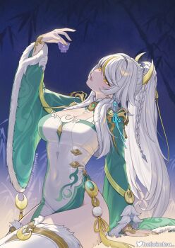 1girl arm_up braid breasts china_dress chinese_clothes cleavage commentary_request cup dress fingernails genshin_impact hair_ornament head_back helloimtea highres holding holding_cup long_fingernails long_hair medium_breasts multicolored_hair nail_polish paid_reward_available parted_lips sitting solo streaked_hair thighs twitter_username white_dress yellow_eyes yellow_nails zibai_(genshin_impact)