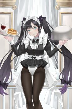 1girl aqua_eyes back_bow black_bow black_bowtie black_hair black_pantyhose bow bowtie commentary cup curtains dalmo_(pafe2444) drinking_glass food frilled_headwear genshin_impact hair_bow highres holding holding_tray juliet_sleeves leotard long_hair long_sleeves looking_at_viewer low-tied_long_hair maid maid_headdress mona_(genshin_impact) obi pancake pancake_stack pantyhose puffy_sleeves sash solo tray twintails very_long_hair white_bow white_leotard white_sash wine_glass