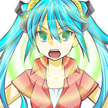 1girl blue_eyes blue_hair collared_shirt commentary_request hatsune_miku long_hair looking_at_viewer open_mouth red_shirt shirt short_sleeves simple_background solo sound_wave suzuki_yuuma twintails upper_body vocaloid white_background