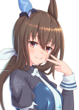 Rule 34 | 1girl, admire vega (starry nocturne) (umamusume), admire vega (umamusume), amazumi, animal ears, blue dress, blush, breasts, brown hair, closed mouth, commentary request, dress, ear covers, hair between eyes, highres, horse ears, horse girl, long hair, long sleeves, looking at viewer, low ponytail, necktie, ponytail, purple eyes, simple background, single ear cover, smile, solo, umamusume, upper body, v, white background, white necktie