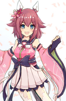 1girl :d absurdres animal_ears bare_shoulders black_bow black_gloves black_sailor_collar blue_eyes blush bow breasts brown_hair clenched_hand clothing_cutout commentary_request detached_sleeves fingerless_gloves flower gloves hair_between_eyes hair_flower hair_ornament highres hip_vent horse_ears horse_girl horse_tail long_sleeves medium_breasts obi open_mouth petals pink_flower pink_sleeves pleated_skirt sailor_collar sakura_chiyono_o_(hinoshita_kaisan_hana_akari)_(umamusume) sakura_chiyono_o_(umamusume) sash simple_background skirt smile solo taikihori tail thighhighs umamusume v-shaped_eyebrows white_background white_skirt white_thighhighs wide_sleeves