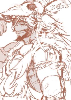 1boy commentary dated english_commentary grin hair_ornament hand_on_headwear highres indian looking_at_viewer male_focus mechanical_arms monochrome muscular muscular_male reverse:1999 shamane shin_0z signature single_mechanical_arm skull_hair_ornament smile white_background