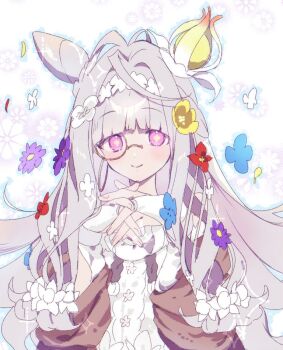 1girl commentary_request cone_hair_bun dress earrings fate/grand_order fate_(series) flora_(fate) flower flower-shaped_pupils hair_bun hair_flower hair_ornament jewelry long_hair looking_at_viewer lucky_life_ccc pink_eyes single_earring smile solo symbol-shaped_pupils white_dress white_hair