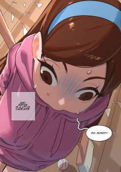 1girl apologizing baseball broken_glass english_text glass gravity_falls headband highres hood hoodie looking_down mabel_pines nia_(nia4294) speech_bubble sweat tagme
