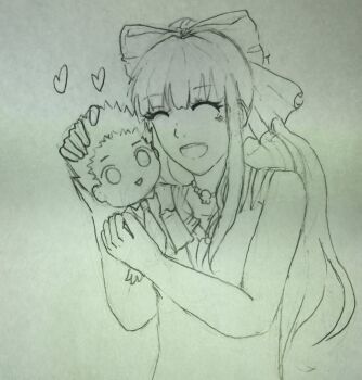 1girl breasts character_doll cleavage closed_eyes doll dress hair_ribbon happy heart highres jewelry long_hair medium_breasts monochrome necklace oogami_ichirou ribbon sakura_taisen sega shinguuji_sakura sketch sleeveless smile solo stuffed_toy teeth tongue traditional_media