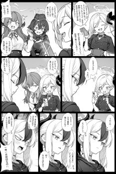 4girls aru_(blue_archive) blank_eyes blue_archive blush cellphone commentary_request demon_girl demon_horns greyscale hair_between_eyes halo haruka_(blue_archive) hat highres holding holding_phone hood hoodie horns jacket kayoko_(blue_archive) leaning_forward long_hair monochrome multiple_girls mutsuki_(blue_archive) phone pointy_ears problem_solver_68_(blue_archive) ribbon sailor_hat shirt side_ponytail sidelocks smartphone sweatdrop translation_request zhong_zi_sheliu