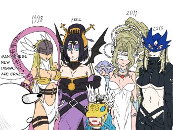 5girls angewomon bare_shoulders beelstarmon belt black_lips black_scarf blindfold blonde_hair breasts clam covered_eyes cropped_vest digimoji digimon digimon_(creature) douglas_(douglasps) dress feathered_wings gloves hair_wings helmet helmet_over_eyes highres large_breasts leather leather_pants lilithmon long_hair mask minervamon multiple_girls navel o-ring o-ring_belt o-ring_bottom pants purple_mask scallop scarf sidelocks standing strapless strapless_dress venusmon vest wing_ears winged_helmet wings