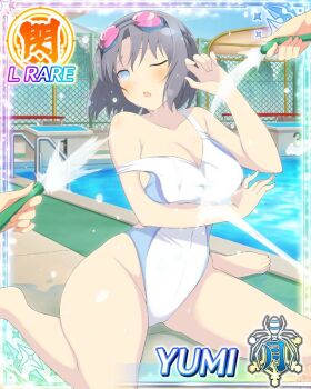 1girl 1other :o barefoot blue_eyes blush border breasts card_(medium) character_name cleavage competition_swimsuit covered_navel day game_cg goggles goggles_on_head grey_hair highleg highleg_one-piece_swimsuit large_breasts medium_hair official_art one-piece_swimsuit one_eye_closed outdoors pool poolside pov pov_hands racerback senran_kagura senran_kagura_new_wave sitting strap_slip swimsuit third-party_source turning_head two-tone_swimsuit wariza water wet white_one-piece_swimsuit yumi_(senran_kagura)