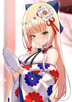 1girl absurdres armpit_crease bare_shoulders black_bow black_bowtie blonde_hair blue_bow blue_hakama blue_skirt blunt_bangs blurry blurry_background blush bow bowtie breasts cherry_blossoms closed_mouth commentary_request falling_petals floral_print flower frilled_shirt frills gloves gradient_hair green_eyes hair_bow hair_flower hair_ornament hakama hakama_skirt highres hololive japanese_clothes kanzashi kikumon kimono long_hair looking_at_viewer low-tied_sidelocks marishia_holo momosuzu_nene momosuzu_nene_(new_year) multicolored_hair off_shoulder official_alternate_costume official_alternate_hair_length official_alternate_hairstyle own_hands_together palms_together petals pink_hair print_kimono shirt sidelocks skirt sleeveless sleeveless_shirt smile solo tsumami_kanzashi upper_body virtual_youtuber white_gloves white_kimono white_shirt