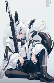 1girl absurdres agemaki_knot animal_ear_fluff animal_ear_piercing animal_ears artist_self-insert black_nails black_shoes black_tail crossed_bangs double-parted_bangs earclip extra_ears fox_ears fox_girl fox_tail grey_eyes hair_ornament hairclip heterochromia high_tops highres holding holding_sword holding_weapon jacket katana long_sleeves looking_at_viewer medium_hair multicolored_tail nagishiro_mito nail_polish original pantyhose ribbon shoes shorts sidelocks simple_background slit_pupils sneakers solo sword tail tail_ornament tail_ribbon weapon white_background white_hair white_jacket white_tail wide_sleeves yellow_eyes