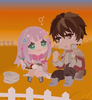 Rule 34 | 01 (zeroichi srl), 1boy, 1girl, :3, atelier (series), atelier lulua, black pants, boots, brown eyes, brown hair, chibi, chibi only, commentary request, curry, curry rice, dusk, elmerulia frixell, fence, food, full body, grass, green eyes, hair ornament, heart, heart hair ornament, long hair, long sleeves, looking at another, no lineart, on grass, open mouth, outdoors, pants, plate, plate stack, purple hair, rice, short hair, sitting, smile, sterkenburg cranach