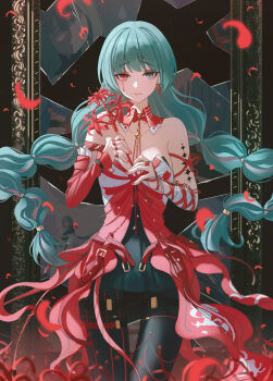 Rule 34 | 1girl, absurdres, bandaged arm, bandages, black pantyhose, black skirt, braid, breasts, broken glass, closed mouth, commentary, detached sleeves, dress, earrings, flower, glass, grey eyes, halter dress, halterneck, heterochromia, highres, holding, holding flower, jewelry, long hair, looking at viewer, low twin braids, medium breasts, multicolored hair, pantyhose, phrolova (wuthering waves), red dress, red eyes, single detached sleeve, skirt, solo, spider lily, streaked hair, tacet mark (wuthering waves), twin braids, wuthering waves, youngsok