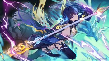 Rule 34 | 1girl, blue hair, boots, breasts, chinese commentary, closed mouth, commentary request, detached sleeves, dress, earrings, electricity, from side, gloves, hair ornament, high heel boots, high heels, highres, holding, holding weapon, honkai (series), honkai impact 3rd, jewelry, key visual, large breasts, long hair, looking at viewer, official art, promotional art, purple eyes, purple hair, raiden mei, raiden mei (xentinel: dawnbearing crescent), solo, very long hair, weapon