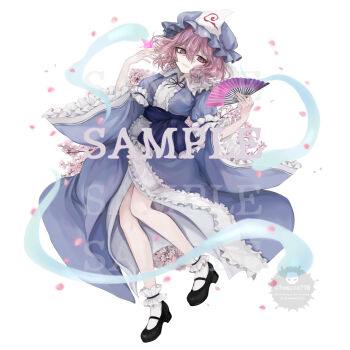 1girl black_shoes blue_sash bobby_socks bug butterfly frilled_hat frilled_kimono frilled_sleeves frilled_socks frills hair_between_eyes hand_fan hasunokaeru hat highres holding holding_fan insect japanese_clothes kimono long_sleeves looking_at_viewer mary_janes mob_cap obi parted_lips purple_butterfly purple_hat purple_kimono saigyouji_yuyuko sash shoes short_hair simple_background socks solo touhou triangular_headpiece wavy_hair white_background wide_sleeves