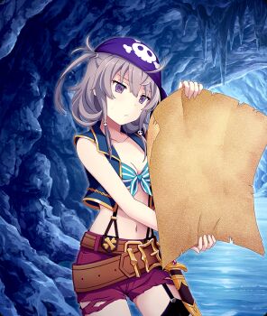 1girl ahoge bandana belt bikini bikini_top_only black_garter_straps black_thighhighs blue_bikini blue_vest breasts brown_belt cave cleavage closed_mouth collarbone cowboy_shot front-tie_bikini_top front-tie_top game_cg garter_straps grey_hair head_tilt holding holding_map jolly_roger looking_at_map map medium_hair navel official_art open_clothes open_vest pirate purple_bandana purple_eyes red_shorts sheath sheathed shichinosato_kofuki shorts small_breasts small_sweatdrop solo stalactite striped_bikini striped_clothes suspenders swimsuit sword thighhighs third-party_source toji_no_miko toji_no_miko:_kizamishi_issen_no_tomoshibi torn_clothes torn_shorts vest water weapon