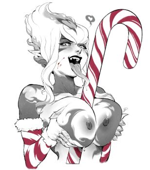 1girl :d blush breasts candy candy_cane collarbone commentary cropped_torso detached_sleeves english_commentary evelynn_(league_of_legends) fangs food green_(greeniris) heart highres large_breasts league_of_legends long_tongue looking_at_viewer nipples open_mouth pointy_ears short_hair sidelocks smile solo spot_color teeth tongue tongue_out upper_body upper_teeth_only