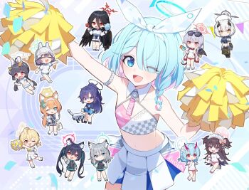 Rule 34 | 6+girls, :d, arm up, arona (blue archive), blue archive, blue eyes, blue hair, blue halo, braid, character request, cheering, cheerleader, chibi, chibi inset, chise (blue archive), commentary request, crop top, eyes visible through hair, flat chest, hair over one eye, hair ribbon, halo, hasumi (blue archive), highres, holding, holding pom poms, kamiyama sumu, kotori (blue archive), kotori (cheer squad) (blue archive), long hair, looking at viewer, mari (blue archive), medium hair, millennium cheerleader outfit (blue archive), miniskirt, miyu (blue archive), multiple girls, one eye closed, open mouth, parted bangs, pom pom (cheerleading), pom poms, ribbon, saki (blue archive), serika (blue archive), shiroko (blue archive), single braid, skirt, smile, solo focus, white ribbon, white skirt, yuuka (blue archive)
