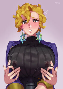 2girls blonde_hair blush breasts briar_(pokemon) covered_erect_nipples earrings gigantic_breasts jacket jewelry mizuumi_(bb) multiple_girls nintendo nipple_stimulation pokemon purple_jacket ribbed_sweater sweater sweater_under_jacket turtleneck turtleneck_sweater