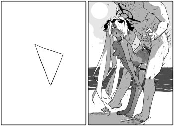 1boy 1girl asahina_yoshitoshi beach blue_archive breasts completely_nude dark-skinned_female dark_skin day eyewear_on_head greyscale hair_over_one_eye halo hetero highres iori_(blue_archive) long_hair monochrome nipples nude outdoors pointy_ears sex sex_from_behind sketch small_breasts solo_focus standing standing_sex stomach_bulge sunglasses thigh_strap twintails very_long_hair