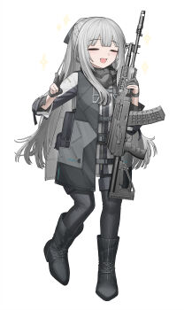 1girl absurdres ak-12 ak-12_(girls'_frontline) assault_rifle black_boots black_gloves black_pants boots braid cheogtanbyeong closed_eyes commentary_request double-parted_bangs facing_viewer full_body girls'_frontline gloves gun half_up_braid highres holding holding_gun holding_weapon jacket kalashnikov_rifle korean_commentary long_hair long_sleeves open_mouth pants partially_fingerless_gloves rifle sidelocks simple_background solo sparkle standing tactical_clothes v weapon white_background white_hair