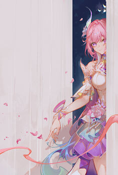 1girl absurdres aqua_hair bare_shoulders breasts commentary_request cyrene_(honkai:_star_rail) cyrene_(ripples_of_past_reverie)_(honkai:_star_rail) diamond-shaped_pupils diamond_(shape) dress furioso highres honkai:_star_rail honkai_(series) large_breasts long_hair looking_at_viewer multicolored_hair pink_hair purple_eyes smile solo symbol-shaped_pupils very_long_hair white_dress white_hair