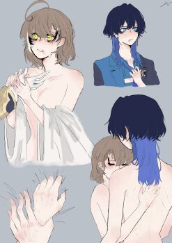 Rule 34 | 1girl, 2girls, bare shoulders, blonde hair, blue eyes, blue hair, braid, braided bangs, breasts, cleavage, closed eyes, closed mouth, collared shirt, crying, crying with eyes open, grey background, hand blush, height difference, highres, holding another's wrist, hololive, hololive english, hug, lipstick, long hair, makeup, medium breasts, multicolored hair, multiple girls, nanashi mumei, navel, nude, off shoulder, open clothes, open shirt, ouro kronii, ryy 0x0, shirt, short hair, shoulder blush, simple background, smeared lipstick, sweat, tears, topless female, two-tone hair, two-tone shirt, virtual youtuber, white shirt, wolf cut, yellow eyes