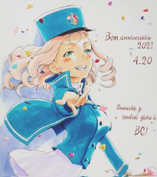 1girl bc_freedom_(emblem) bc_freedom_military_uniform blonde_hair blue_coat blue_eyes blush breasts buttons coat commentary_request confetti cowboy_shot curly_hair drill_hair emblem folding_fan french_text from_side girls_und_panzer hand_fan hat highres large_breasts marie_(girls_und_panzer) sawamin shirt skirt smile solo teeth tongue traditional_media translation_request turtleneck white_background white_shirt white_skirt