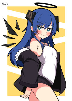 Rule 34 | 1girl, absurdres, arknights, blue eyes, blue hair, breasts, commentary, halo, hendra, highres, horns, jacket, long hair, looking at viewer, medium breasts, mostima (arknights), shorts, smile, solo
