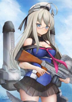1girl adapted_turret adversarial_noise ahoge aqua-framed_eyewear asymmetrical_sidelocks battle_rifle black_sailor_collar blue_eyes blue_shirt breasts cannon cleavage commentary_request day glasses grey_hair gun hat headgear heywood_l._edwards_(kancolle) heywood_l._edwards_kai_(kancolle) highres howa_type_64 kantai_collection long_hair long_sleeves looking_at_viewer machinery medium_breasts military_hat nazono_neko neckerchief ocean off-shoulder_shirt off_shoulder outdoors pink_neckerchief ribbon-trimmed_hairband rifle rigging sailor_collar school_uniform ship_turret shirt sidelocks smile smokestack solo water watermark weapon