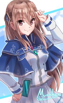 1girl absurdres artist_name blue_capelet book breasts brown_hair capelet character_name closed_mouth gem hair_between_eyes hair_ornament hand_on_own_hip heaven_burns_red highres jacket long_hair long_sleeves looking_at_viewer mok_kan pleated_skirt red_eyes school_uniform shirakawa_yuina shirt skirt smile solo very_long_hair white_background white_skirt