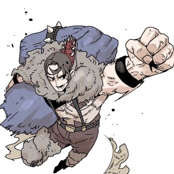 1boy arm_up beowulf_(skullgirls) black_hair clenched_hand dust_cloud han_gong jumping male_focus muscular muscular_male open_mouth outstretched_arm pelt short_hair skullgirls smile solo suspenders white_background wristband