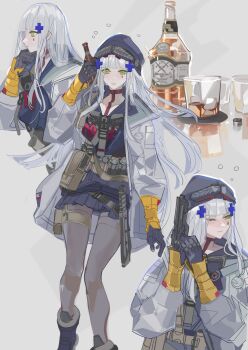 Rule 34 | 1girl, absurdres, alcohol, beanie, belt, blue gloves, blue hat, blue jacket, blue skirt, blunt bangs, blush, boots, bottle, choker, clukay (neural cloud), coat, cropped torso, cross hair ornament, cup, drinking glass, drunk, girls' frontline, girls' frontline neural cloud, glint, gloves, green eyes, grey background, grey coat, grey hair, grey pantyhose, gun, hair ornament, hand on own chin, hand up, handgun, hands up, hat, highres, hk416 (girls' frontline), holding, holding bottle, holding gun, holding weapon, jacket, knife, layered clothes, long hair, long sleeves, looking at viewer, miniskirt, multiple views, nslacka, one eye closed, pantyhose, red choker, reflection, sheath, sheathed, simple background, skirt, sweat, teardrop facial mark, utility belt, weapon, whiskey