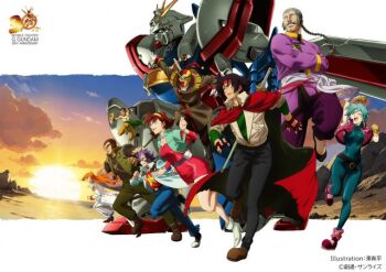 2girls 6+boys allenby_beardsley argo_gulskii blue_bodysuit bodysuit braid check_commentary chibodee_crocket commentary_request domon_kasshu dress facial_hair g_gundam george_de_sand god_gundam gundam headband mask master_asia mecha multiple_boys multiple_girls mustache official_art rain_mikamura red_headband robot sai_saici sawa_shinpei schwarz_bruder short_hair smile sword v-fin weapon