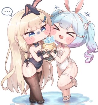 &gt;_&lt; ... 2girls :&lt; :3 absurdres animal_ears blonde_hair blue_eyes blue_hair blush breasts chibi cleavage closed_eyes closed_mouth commentary_request covered_navel detached_collar fake_animal_ears full_body hair_ornament hairclip highres holding leotard long_hair multiple_girls naia_(trickcal) no_nose open_mouth playboy_bunny shasha_(trickcal) short_eyebrows simple_background speech_bubble spoken_ellipsis standing strapless strapless_leotard thick_thighs thighhighs thighs trickcal twintails white_background wjddn