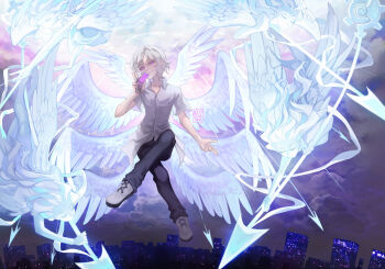 1boy angel angel_wings buttons cellphone city city_lights cityscape cloud cloudy_sky crossed_legs eyelashes feathered_wings flip_phone floating flying grey_hair halo holding holding_phone holy kiryu_yoshiya male_focus multiple_wings open_collar phone polearm purple_eyes seraph shoes sitting_on_air sky smile spear subarashiki_kono_sekai weapon white_shoes white_wings wings