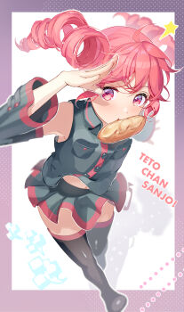 Rule 34 | 1girl, absurdres, bare shoulders, black boots, black shirt, black skirt, black sleeves, boots, bread, breast pocket, character name, collared shirt, detached sleeves, drill hair, food, food in mouth, hand up, hau (aibaei), highres, kasane teto, kasane teto (utau), looking at viewer, midriff peek, miniskirt, mouth hold, navel, pocket, red eyes, red hair, red trim, shadow, shirt, skirt, skirt set, sleeveless, sleeveless shirt, thigh boots, twin drills, utau