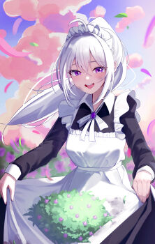 1girl absurdres ahoge apron black_dress brooch collared_dress commentary_request dress high_ponytail highres ine_(vtuber) jewelry korean_commentary leaf long_hair long_sleeves looking_at_viewer maid maid_apron maid_headdress neck_ribbon open_mouth petals ponytail purple_eyes purple_petals ribbon smile sobayaki18 solo virtual_youtuber waktaverse white_apron white_hair white_headdress white_ribbon