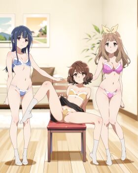 Rule 34 | 3girls, black skirt, blue bra, blue eyes, blue hair, blue panties, bow, bra, breasts, brown hair, closed mouth, clothes lift, collarbone, hair bow, hibike! euphonium, indoors, looking at viewer, medium breasts, multiple girls, navel, oumae kumiko, panties, pink bra, pink panties, red eyes, sbel02, short hair, sitting, skirt, skirt lift, small breasts, socks, spread legs, standing, underwear, white socks, wooden floor, yellow bra, yellow eyes, yellow panties, yoroizuka mizore, yoshikawa yuuko